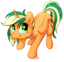 Size: 697x671 | Tagged: safe, artist:c-puff, oc, oc only, alicorn, pony, alicorn oc, mouth hold, painted heart, pencil, solo