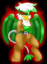 Size: 1671x2267 | Tagged: safe, artist:blackbewhite2k7, gilda, griffon, g4, abstract background, amputee, artificial wings, augmented, beak, belt, chest fluff, crossover, feather, female, green goblin, grin, male, mask, mechanical tail, mechanical wing, parody, prosthetic limb, prosthetic wing, prosthetics, smiling, solo, spider-man, spidermare, wings