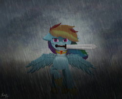 Size: 1600x1300 | Tagged: safe, artist:synthierose, rainbow dash, g4, female, rain, solo, sword