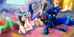 Size: 2000x1000 | Tagged: safe, artist:crestfallencelestia, princess celestia, princess luna, alicorn, pony, g4, cute, female, intertwined tails, looking at each other, lying down, mare, prone, smiling, tail