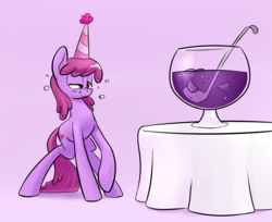 Size: 1200x981 | Tagged: safe, artist:underpable, berry punch, berryshine, g4, blushing, drunk, female, hat, party hat, punch (drink), punch bowl, scrunchy face, solo
