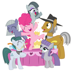Size: 8233x8000 | Tagged: safe, artist:masem, cloudy quartz, igneous rock pie, limestone pie, marble pie, maud pie, pinkie pie, earth pony, pony, g4, pinkie pride, .svg available, absurd resolution, cake, family, filly, male, pie family, pie sisters, punch, ship:quartzrock, siblings, simple background, sisters, stallion, table, transparent background, vector