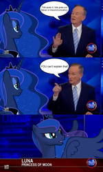 Size: 854x1425 | Tagged: safe, princess luna, g4, bill o'reilly, dialogue, fox news, irl, meme, parody, photo, ponies in real life, speech bubble, wtf