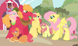 Size: 958x565 | Tagged: safe, artist:skater-jas, big macintosh, fluttershy, oc, earth pony, pony, g4, colt, family, female, filly, male, offspring, parent:big macintosh, parent:fluttershy, parents:fluttermac, ship:fluttermac, shipping, stallion, straight, straw in mouth, sweet apple acres
