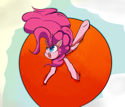Size: 1024x878 | Tagged: safe, artist:madacon, pinkie pie, earth pony, pony, g4, balloon, balloon riding, female, floating, floaty, lying down, mare, prone, solo, that pony sure does love balloons, then watch her balloons lift her up to the sky