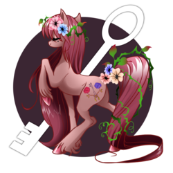 Size: 1200x1200 | Tagged: safe, artist:opalacorn, oc, oc only, earth pony, pony, eyes closed, floral head wreath, flower, key, raised hoof, secret garden, solo, standing, unshorn fetlocks