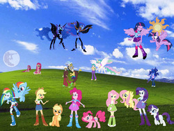 Size: 800x600 | Tagged: safe, applejack, discord, fluttershy, nightmare moon, pinkie pie, princess celestia, princess luna, principal celestia, rainbow dash, rarity, twilight sparkle, vice principal luna, human, equestria girls, g4, 1000 hours in ms paint, bliss xp, human ponidox, mane six, ms paint, pinkamena diane pie, twilight sparkle (alicorn), webcore, windows xp