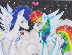 Size: 1600x1233 | Tagged: safe, artist:cute-paint, rainbow dash, soarin', pegasus, pony, g4, blushing, duo, female, male, mare, rose, ship:soarindash, shipping, stallion, straight, traditional art