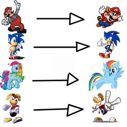 Size: 599x599 | Tagged: safe, rainbow dash, rainbow dash (g3), g3, g4, classic, classic sonic, crossover, donkey kong (series), jumpman, male, mario, modern, rayman, sonic the hedgehog, sonic the hedgehog (series), super mario bros.