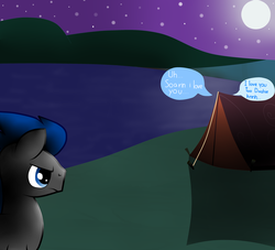 Size: 1024x931 | Tagged: safe, artist:rulette, rainbow dash, soarin', oc, g4, fanfic, female, frown, glare, implied sex, male, moon, night, ship:soarindash, shipping, straight, tent