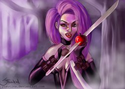 Size: 1062x751 | Tagged: safe, artist:yusutina, fluttershy, human, g4, apple, bloodrayne, clothes, costume, female, flutterbat, humanized, light skin, solo, sword