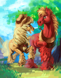 Size: 980x1248 | Tagged: safe, artist:pennawings, applejack, big macintosh, earth pony, pony, g4, hoers, male, stallion