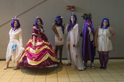 Size: 1000x667 | Tagged: safe, artist:ethan hellstrom, artist:magic-is-beauty, artist:neko-no-danna, artist:tokokono, rarity, human, g4, clothes, convention, cosplay, dress, gala dress, group photo, irl, irl human, line-up, ohayocon, ohayocon 2014, photo