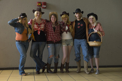 Size: 1000x667 | Tagged: artist needed, safe, artist:ethan hellstrom, applejack, human, g4, basket, convention, cosplay, group photo, irl, irl human, line-up, ohayocon, photo