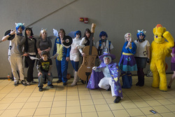 Size: 1000x667 | Tagged: safe, artist:ethan hellstrom, artist:thelordcommander, derpy hooves, dj pon-3, octavia melody, spitfire, trixie, vinyl scratch, human, equestria girls, g4, convention, cosplay, fursuit, group photo, irl, irl human, musical instrument, ohayocon, photo, rule 63