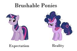 Size: 720x474 | Tagged: safe, twilight sparkle, g4, ain't that the truth, annoyed, comparison, expectation vs reality, frown, glare, grin, grumpy, messy mane, smiling, squee, truth