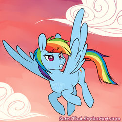 Size: 400x400 | Tagged: safe, artist:satrathai, rainbow dash, pegasus, pony, g4, cloud, cloudy, female, flying, mare, sky, solo