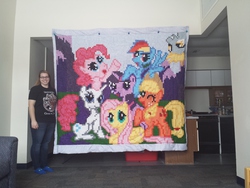 Size: 4128x3096 | Tagged: safe, artist:underhand-flyer, applejack, derpy hooves, fluttershy, pinkie pie, rainbow dash, rarity, twilight sparkle, human, g4, irl, irl human, mane six, photo, pixel art, quilt