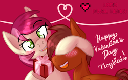 Size: 1280x802 | Tagged: safe, artist:ladypixelheart, roseluck, oc, g4, blushing, canon x oc, female, heart, male, present, shipping, straight