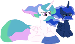 Size: 2633x1554 | Tagged: safe, artist:dashiekitten, princess celestia, princess luna, alicorn, pony, g4, blank flank, duo, duo female, female, mare, moustache, prone, royal sisters, siblings, simple background, sisters, transparent background