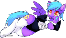 Size: 1103x648 | Tagged: safe, artist:nyanstrike, oc, oc only, oc:ishizko, pegasus, pony, cheese, clothes, cute, socks, solo, tongue out, tuxedo