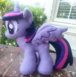 Size: 2220x2262 | Tagged: safe, artist:mintystitch, twilight sparkle, alicorn, pony, g4, female, irl, mare, outdoors, photo, plushie, side view, solo, spread wings, twilight sparkle (alicorn), wings