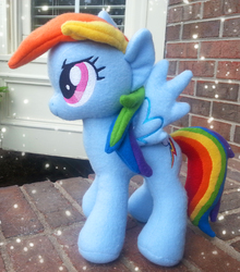 Size: 2080x2360 | Tagged: safe, artist:mintystitch, rainbow dash, pegasus, pony, g4, irl, outdoors, photo, plushie, side view, solo, spread wings, wings