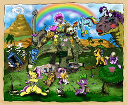 Size: 2436x2000 | Tagged: dead source, safe, artist:hereticofdune, applejack, derpy hooves, doctor whooves, fluttershy, pinkie pie, princess celestia, princess luna, rainbow dash, rarity, spike, time turner, twilight sparkle, brachiosaurus, dinosaur, pegasus, pony, stegosaurus, tyrannosaurus rex, g4, doctor who, female, glasses, hat, magic, makeup, mane seven, mane six, mare, pith helmet, prehistoric, rainbow, sunglasses, tardis, telekinesis, the doctor