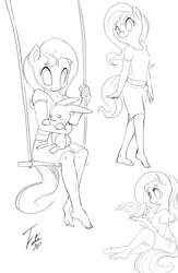 Size: 900x1382 | Tagged: safe, artist:tsitra360, angel bunny, fluttershy, anthro, plantigrade anthro, g4, feet, lineart, monochrome, swing