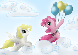 Size: 1848x1316 | Tagged: safe, artist:rainbowjune, pinkie pie, surprise, g1, g4, balloon, cloud, cloudy, then watch her balloons lift her up to the sky