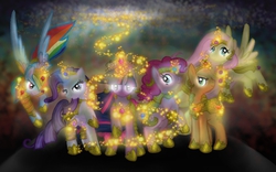 Size: 640x400 | Tagged: safe, artist:rainbowjune, applejack, fluttershy, pinkie pie, rainbow dash, rarity, twilight sparkle, g4, armor, elements of harmony, magic, mane six