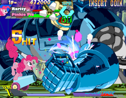 Size: 809x631 | Tagged: safe, artist:drpain, pinkie pie, rarity, g4, apocalypse, marvel, parody, party cannon, video game, x-men vs street fighter