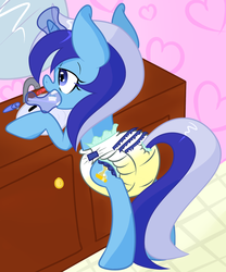 Size: 1280x1536 | Tagged: safe, artist:skitter, minuette, pony, unicorn, g4, brushing teeth, diaper, diaper fetish, magic, non-baby in diaper, poofy diaper, solo, telekinesis, toothbrush, urine, wet diaper