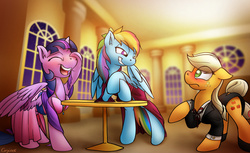 Size: 1957x1200 | Tagged: safe, artist:conicer, applejack, rainbow dash, twilight sparkle, alicorn, pony, g4, appledashlight, bipedal leaning, blushing, bolo tie, clothes, dress, eyes closed, eyes on the prize, fanfic, female, floppy ears, frown, grin, laughing, laughingmares.jpg, lesbian, mare, open mouth, ot3, polyamory, raised hoof, ship:appledash, ship:twidash, ship:twijack, shipping, smiling, surprised, table, tuxedo, twilight sparkle (alicorn), wide eyes