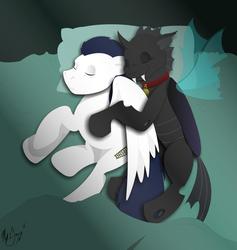 Size: 2286x2409 | Tagged: safe, alternate version, artist:ironhooves, oc, oc only, oc:kuno, oc:warden, changeling, pegasus, pony, fanfic:an affliction of the heart, bed, bell, bell collar, changeling oc, collar, cuddling, female changeling, sleeping, snuggling, warden