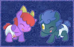 Size: 1280x815 | Tagged: safe, artist:cuddlehooves, oc, oc only, oc:itty bit, oc:moonshot, pony, baby, baby pony, blushing, bow, cuddlehooves is trying to murder us, cute, diaper, eyes closed, foal, open mouth, poofy diaper, raised hoof, smiling, underhoof, wink