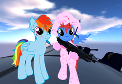 Size: 1024x706 | Tagged: safe, rainbow dash, oc, oc:skittles, g4, explicit source, gun, second life