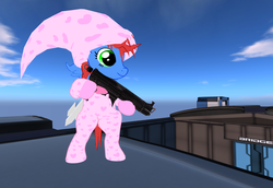 Size: 1024x706 | Tagged: safe, oc, oc only, oc:skittles, explicit source, gun, second life, solo