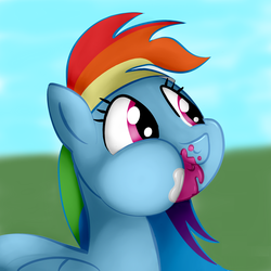 Size: 2000x2000 | Tagged: safe, artist:humbertomena, artist:rainbowdash, rainbow dash, pony, g4, pinkie pride, aweeg*, cupcake, cute, dashabetes, eating, female, messy eating, puffy cheeks, scene interpretation, smiling, solo