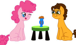 Size: 1588x945 | Tagged: source needed, safe, artist:kitsamoon, cheese sandwich, pinkie pie, earth pony, pony, g4, blushing, colt, female, filly, glasses, male, one eye closed, open mouth, simple background, sitting, smiling, table, transparent background, wink