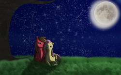 Size: 2372x1479 | Tagged: safe, artist:finjaftw, big macintosh, fluttershy, earth pony, pony, g4, male, moon, ship:fluttermac, shipping, stallion, straight