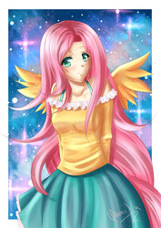 Size: 800x1128 | Tagged: safe, artist:yenni-vu, fluttershy, human, g4, clothes, female, humanized, light skin, pixiv, solo, tailed humanization, winged humanization