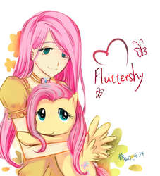 Size: 742x816 | Tagged: safe, artist:teafairyyusui, fluttershy, human, pony, g4, cute, female, holding a pony, hug, human ponidox, humanized, japanese, light skin, looking at you, pixiv, shyabetes, simple background, solo, white background