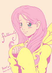 Size: 2480x3508 | Tagged: safe, artist:634r, fluttershy, human, g4, clothes, female, humanized, light skin, pixiv, solo, sweater, sweatershy, winged humanization