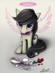 Size: 1200x1600 | Tagged: safe, artist:yakovlev-vad, octavia melody, angel, earth pony, pony, behaving like a dog, bowtie, broken, cute, female, flower, halo, innocent, looking at you, looking up, looking up at you, mare, signature, solo, sweet dreams fuel, tavibetes, vase, wings, yakovlev-vad is trying to murder us
