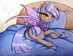 Size: 1228x952 | Tagged: safe, artist:prettypinkpony, oc, oc only, oc:midnight blossom, bat pony, pony, bed, bedroom eyes, butt, female, guardsmare, jewelry, licking, licking lips, long eyelashes, lunar guard armour, mare, night guard, on side, pendant, plot, royal guard, shoes removed, signature, solo, stupid sexy guardsmare, tongue out, traditional art