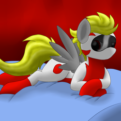 Size: 2600x2600 | Tagged: safe, artist:flashiest lightning, oc, oc only, pegasus, pony, bed, clothes, helmet, racing suit, solo, suit, visor