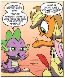 Size: 617x733 | Tagged: safe, artist:amy mebberson, idw, official comic, applejack, fluttershy, spike, dragon, pony, g4, spoiler:comic, spoiler:comic16, chains, collar, comic, countryisms, cropped, female, male, mare, slave, speech bubble, what in tarnation