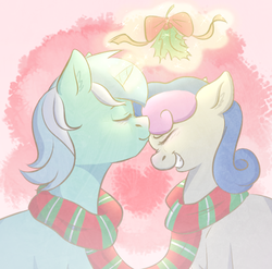 Size: 507x501 | Tagged: safe, artist:flower-power-love, bon bon, lyra heartstrings, sweetie drops, g4, clothes, eyes closed, female, holly, holly mistaken for mistletoe, kissing, lesbian, scarf, shared clothing, shared scarf, ship:lyrabon, shipping