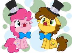 Size: 944x704 | Tagged: safe, artist:nekosnicker, cheese sandwich, pinkie pie, g4, pinkie pride, floppy ears, hat, sitting, smiling, tongue out, top hat, wink